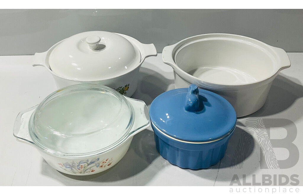 Four Varied Casserole Dishes Including Pyrex and Corningware