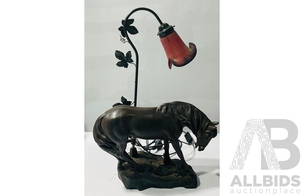Horse Lamp with Red Tulip Glass Shade
