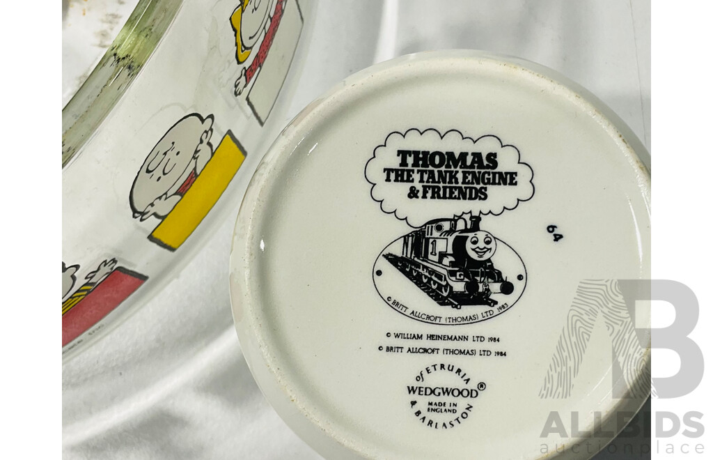 Vintage Snoopy Glass Bowl, Wedgwood Thomas the Tank Engine Mug and Wedgwood Vase