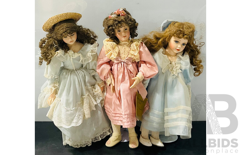 Trio of Vintage Collectible Porcelain Dolls on Stands - Including ‘ Mary Elizabeth’ From Yesterday Dreams, the Georgetown Collection by Pamela Phillips