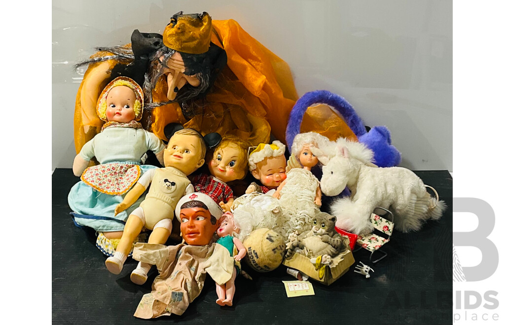 Large Varied Quantity of Unique Vintage Dolls, Doll Clothing, Badges and More