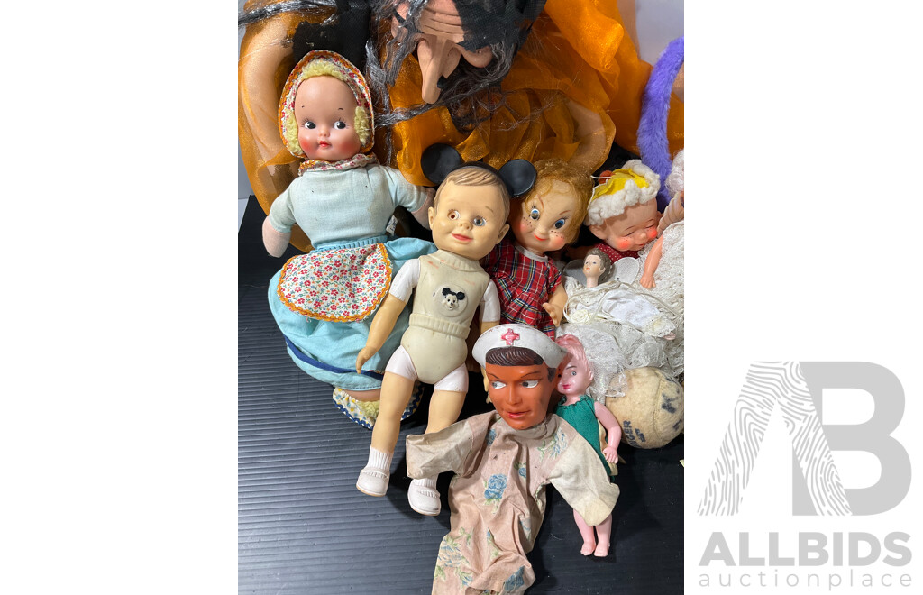 Large Varied Quantity of Unique Vintage Dolls, Doll Clothing, Badges and More