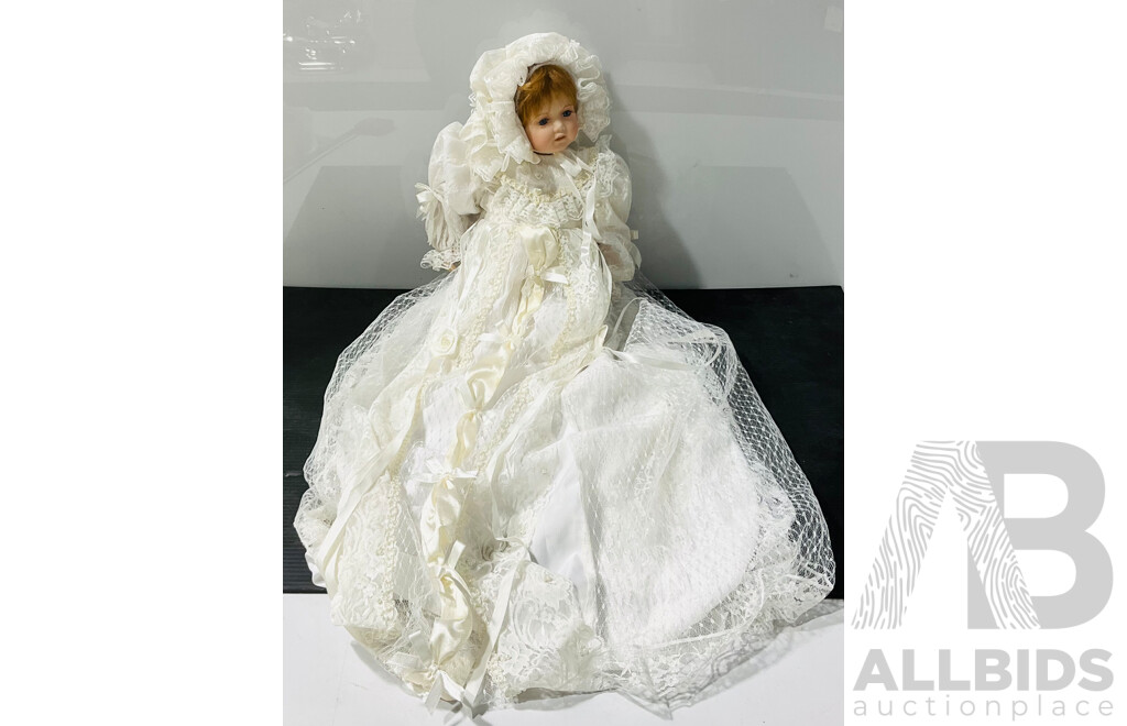 Trio of Vintage Porcelain Dolls Including Two in Christening Robes and One in Ball Gown with Pearl Necklet and HeadDress
