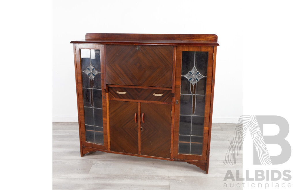 Art Deco Veneered Bookcase with Drop Front Section