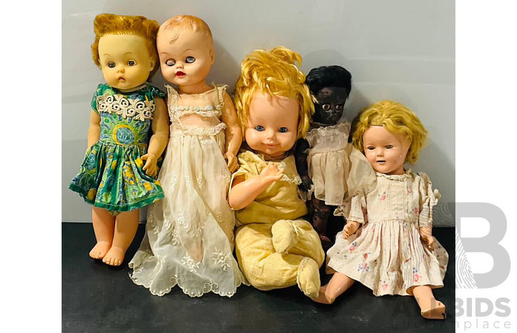 Collection of Five Vintage Dolls Including Shirley Temple Doll Perfekta Doll Made in Hong Kong and More