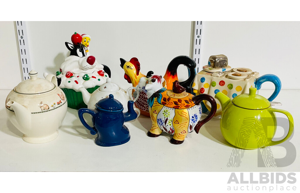 Collection of Eight Vintage and Other Varied Decorative Teapots Including Wedgwood and More