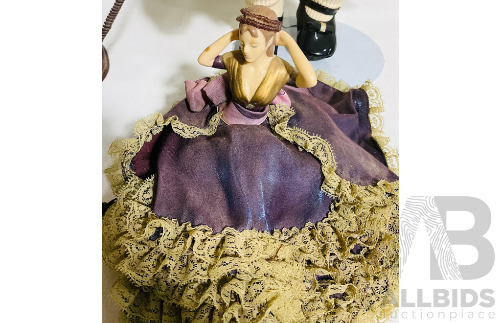 Pair of Collectible Porcelain Dolls on Stands, Including Stock Woman or Jillaroo with Removable Hat and Whip, Plus a Porcelain Doll Hidden Trinket Box