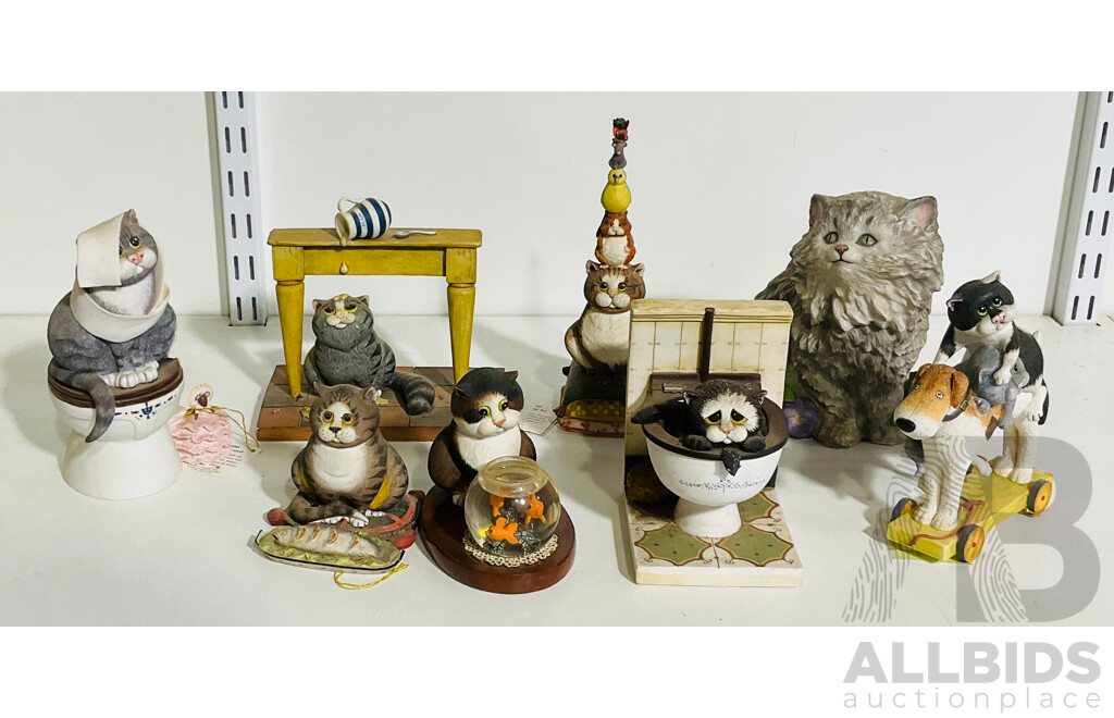 Cute Collection of Cats! Seven Comic & Curious Cat Figurines by Linda Jane Smith and a Franklin Mint Purrfection! Limited Edition Hand Painted Cat Figurine