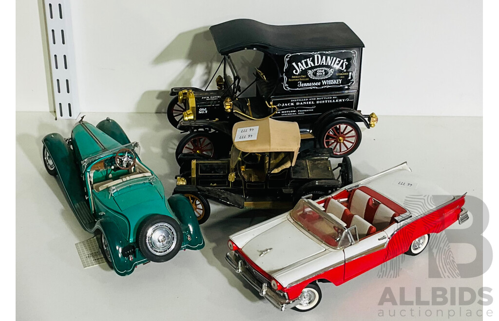 Collection of Four Collectible Franklin Mint Precision Model Cars Including a Jim Beam Ford  Model T with Five Removable Whiskey Barrels
