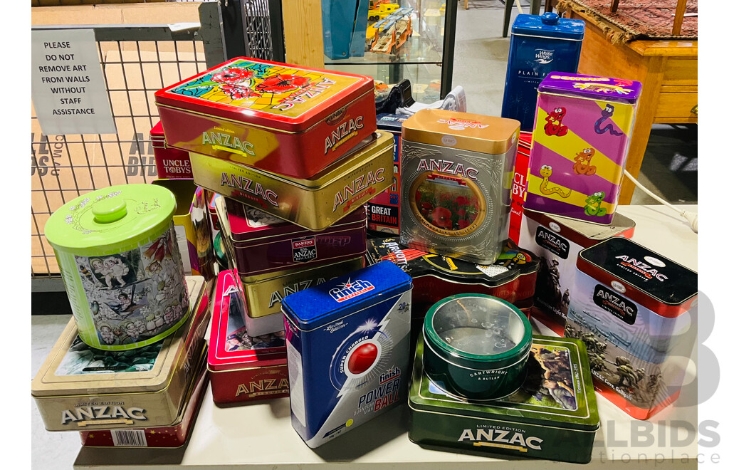 Very Large Collection of Collectible Tins Including SeveraL Limited Edition Anzac Biscuit Tins, Gumnut Babies and More