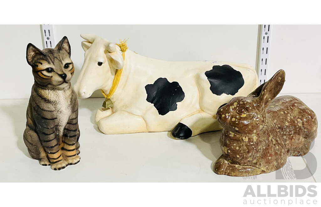 Trio of Collectible Decorative Ceramic Animals - Cat,  Cow and Rabbit