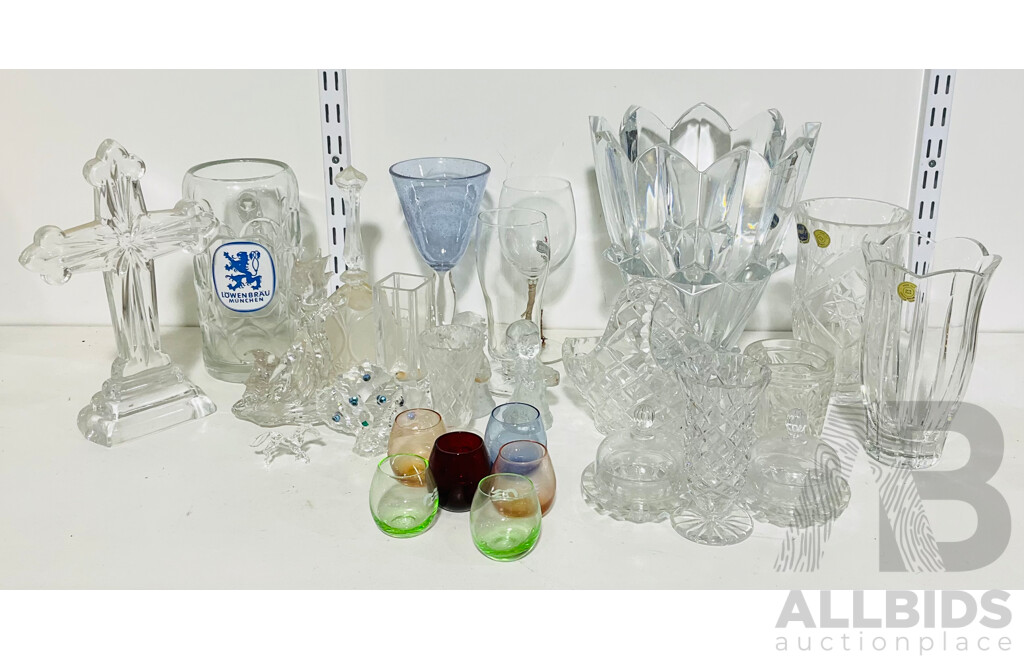 Collection of Lead Crystal and Other Vases, and Other Items Including a Large Crucifix, Mini Horse Figurine and More