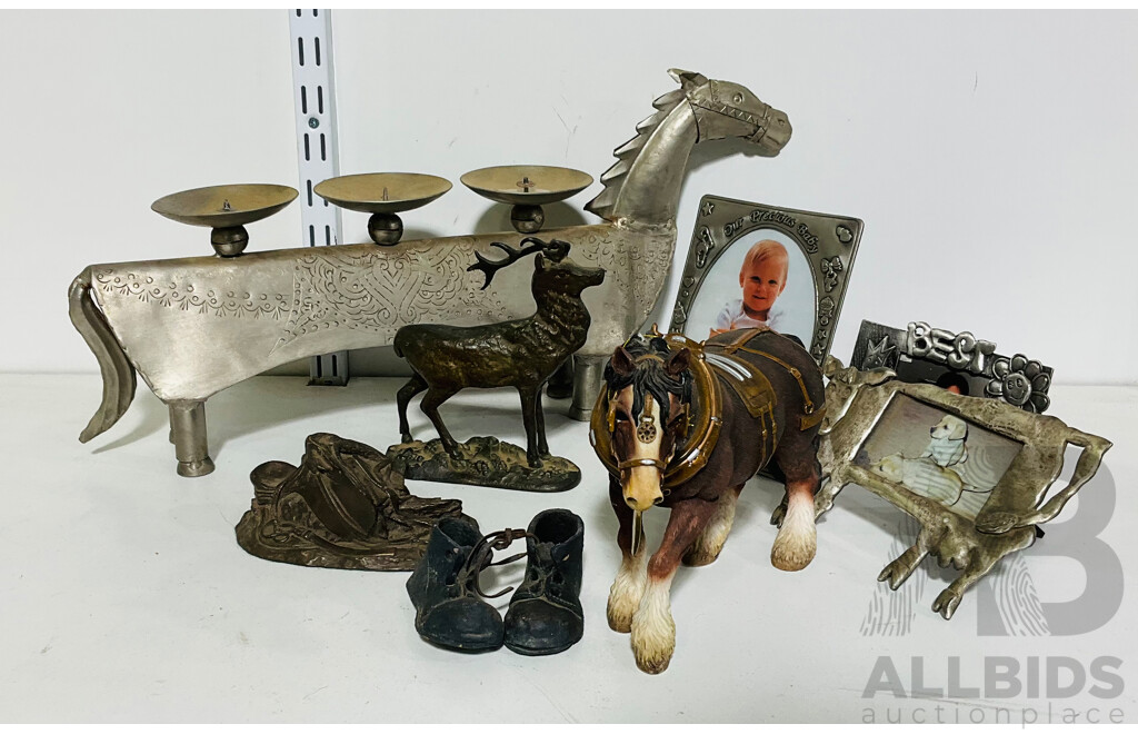 Collection of Decorative Homewares Including Three Photo Frames, Etched Horse Candle Holder, Miniature Pair of Shoes and More