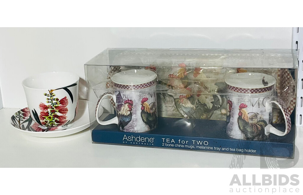 Ashdene of Australia Tea for Two with Melamine Tray and Tea Bag Holder, in Original Box, Alongside Maxwell and Williams the Gardens Table Oversized Cup and Saucer
