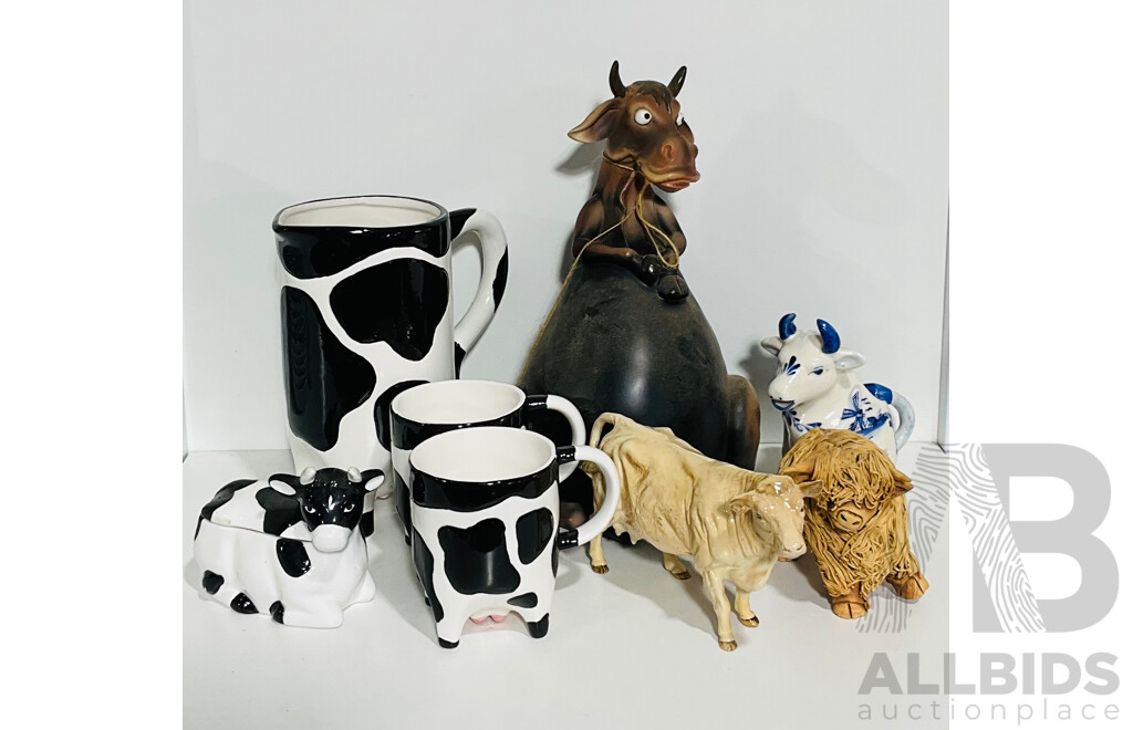Collection of Cow Themed Decorative Homewares Including Jug and Two Matching Mugs, Alongside a Pottery Ram and More