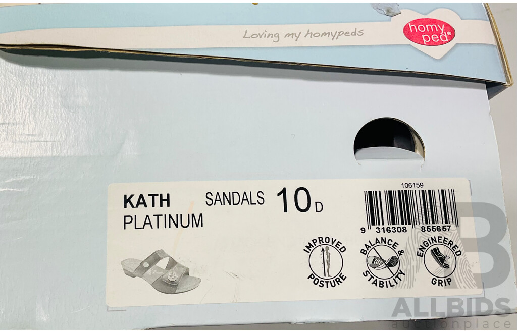 Pair of Homyped Kath Platinum Sandals in Original Box - Size 10D