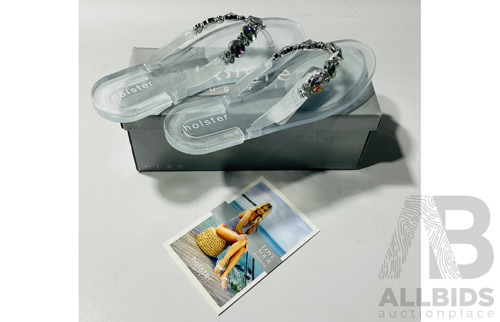 Pair of Holster Australia Jelly Love Clear Rainbow FlipFlops with Jewel Strap Detail - Size US11