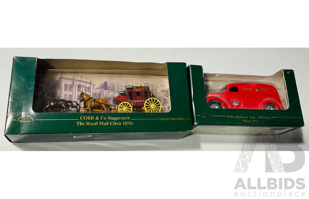 Matchbox Limited Edition Royal Mail Cobb and Co Stage Coach Alongside Limited Edition Collectors Model PMG Delivery Van 1938 Chevy Money Box - Both in Original Boxes