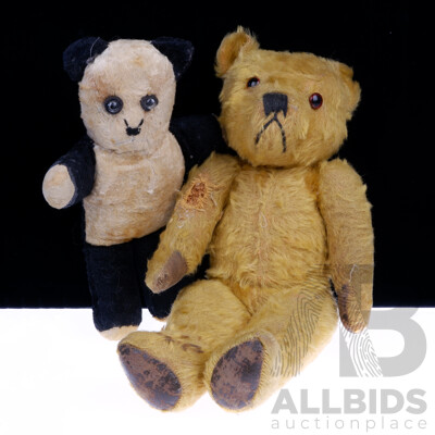 Antique and Well Loved Vintage Teddy Bear and Panda Bear