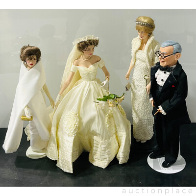Collection of Porcelain and Other Dolls - Pair of Jackie Kennedy Including in Her Wedding Dress with Diamond Bracelet, a Princess Diana and George Burns