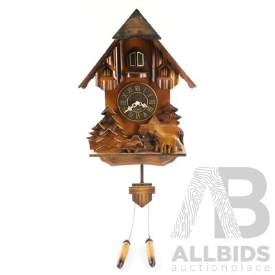 Vintage Electric Chiming Cuckoo Wall Clock with Carved Forest Scene