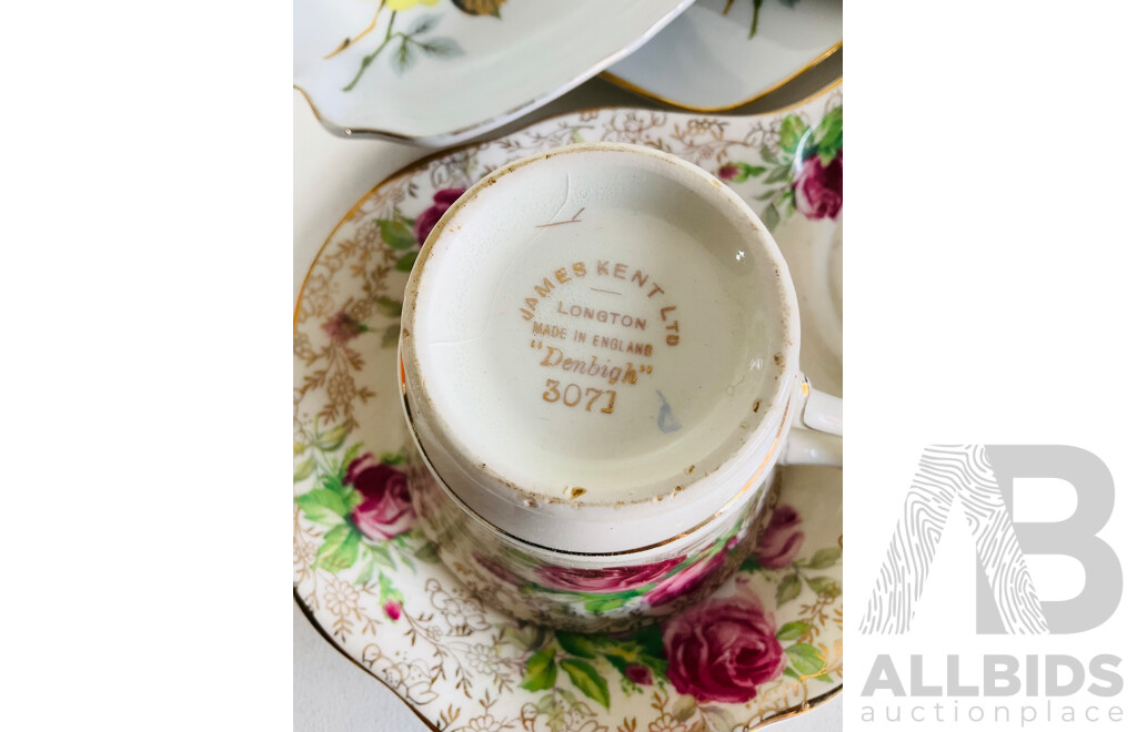 Vintage James Kent ‘Denbigh’ Dessert Plate and Teacup Alongside Trio of Westminster Cake Serving Plates