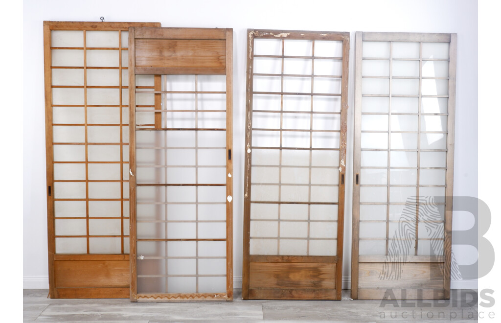 Collection of Eight Japanese Cedar Sliding Doors with Glass Panels