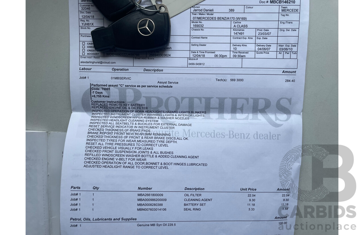05/07 Mercedes-Benz A170 CLASSIC FWD W169 5D Hatchback Black 1.7L