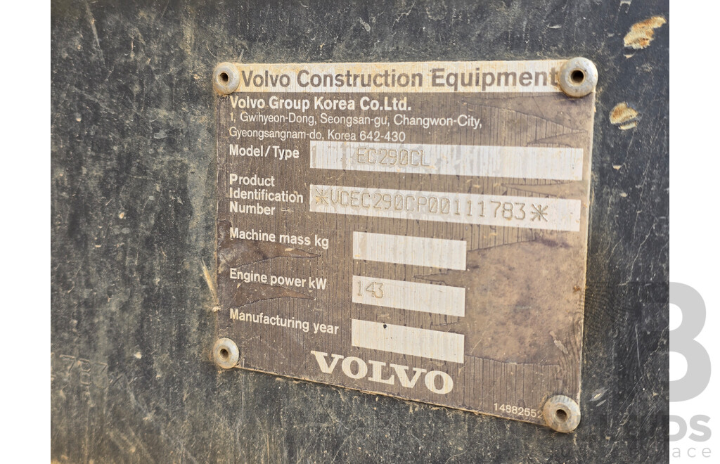 Volvo EC290CL 29 Tonne Crawler Hydraulic Excavator Turbo Diesel 190hp 7.2L