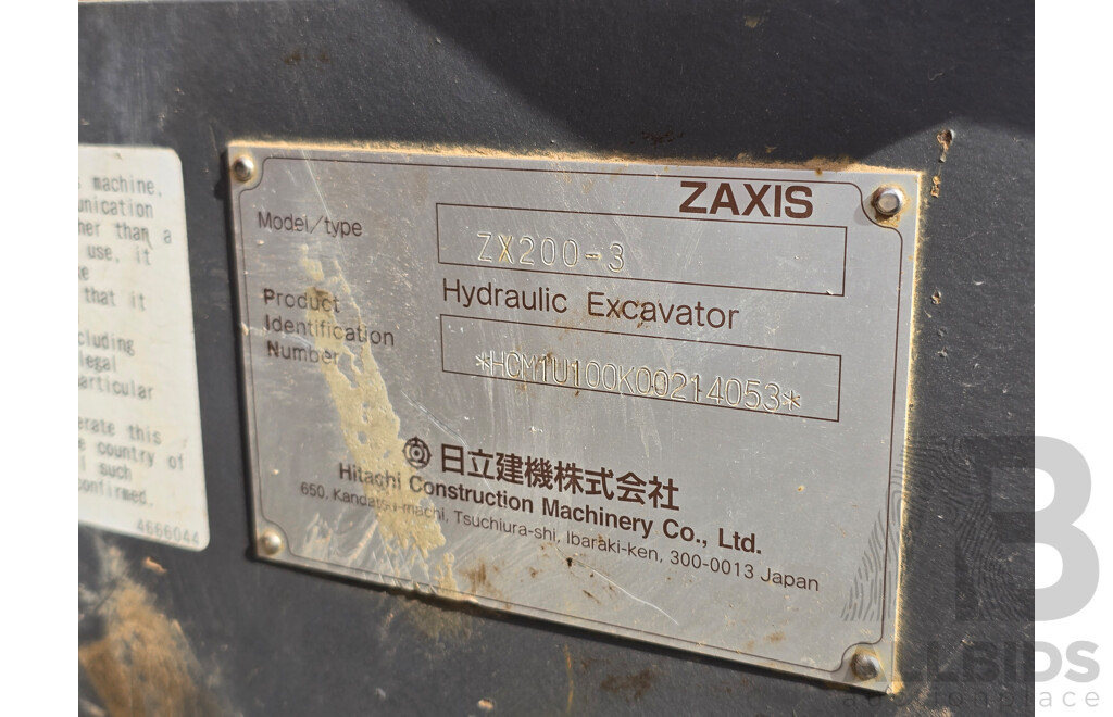 2010 Hitachi ZX200-3 20 Tonne Crawler Hydraulic Excavator Turbo Diesel 162hp 5.2L