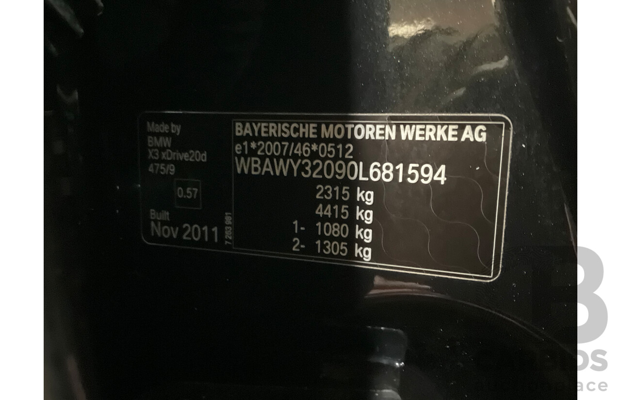 12/2011 BMW X3 Xdrive 20d (AWD) F25 4d Wagon Metallic Black Turbo Diesel 2.0L