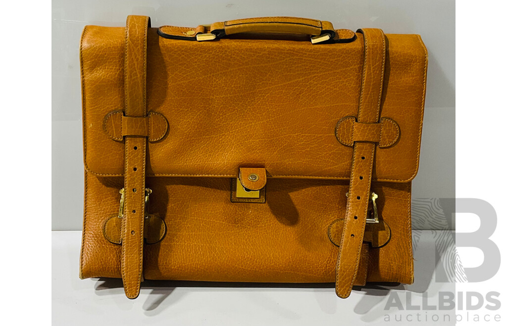Vintage Gold Pfeil Caracciola Briefcase in Cognac Leather with Brass Hardware & Golden Arrow Logo Made in West Germany