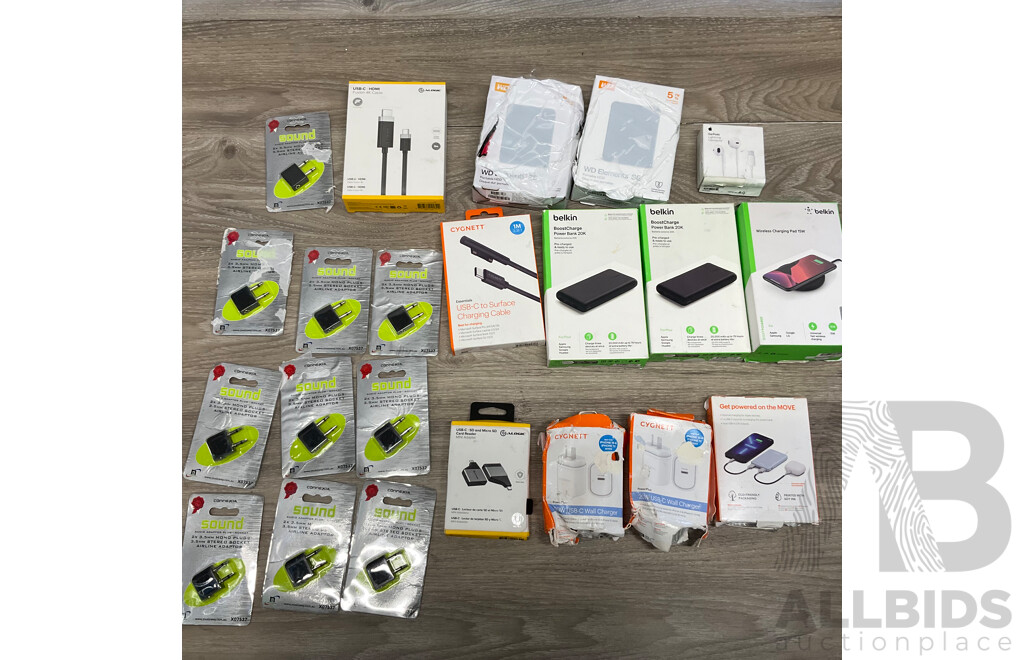 BELKIN, CYCNETT,APPLE  & Assorted of Powerbank/cable/Portable HDD/3.5mm Mono Plugs/USB Wall Charger/EarPods