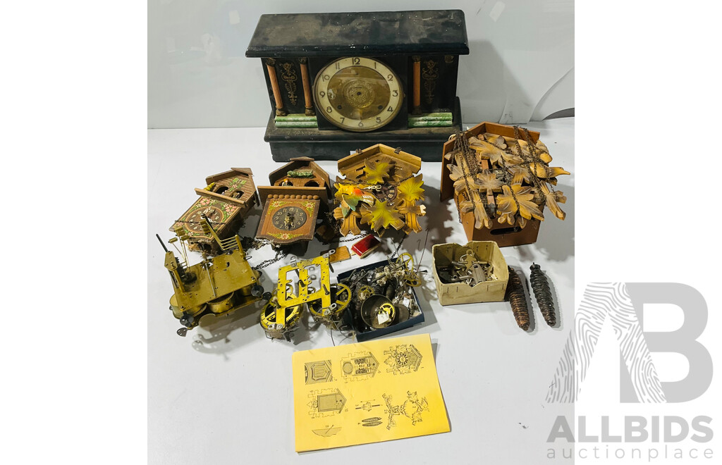 Collection of Mechanical Clock Parts Including Keys, Chimes, Pendulums, Chains, Cuckoo Cases and More