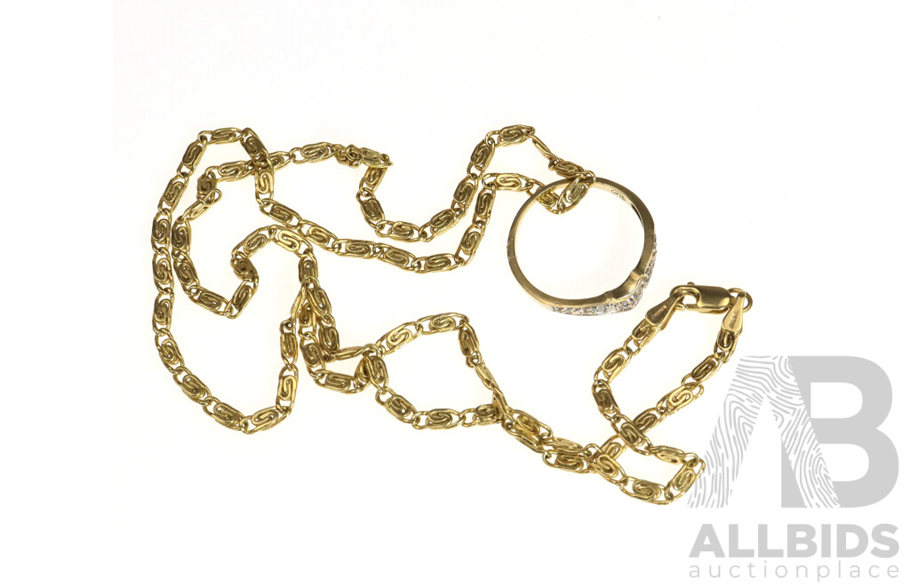 9ct Fancy Link Chain, 50cm and 9ct Diamond Set V Shaped Ring, Size L, 4.27 Grams