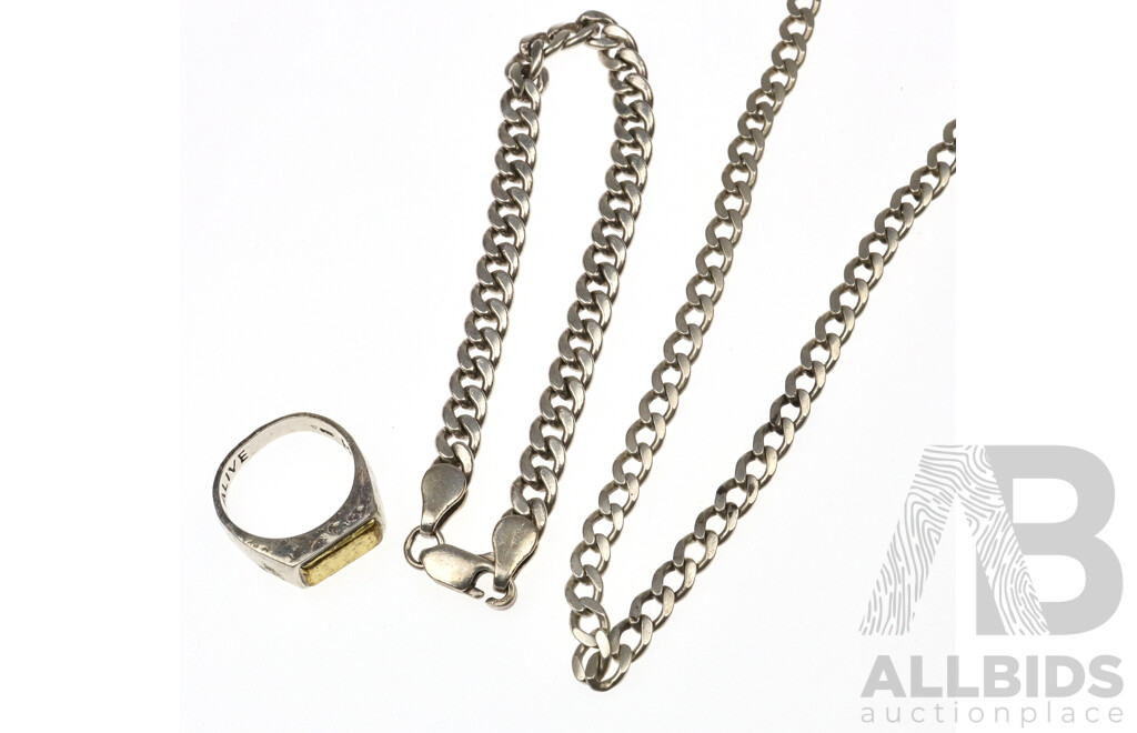 Collection of Mens Quality Sterling Silver Ring, Bracelet & Chain, 65.28 Grams