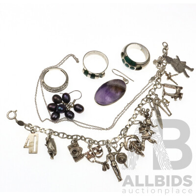 Sterling Silver Jewellery Collection Including Vintage Charm Bracelet, Combined Weight of Lot 55.55 Grams