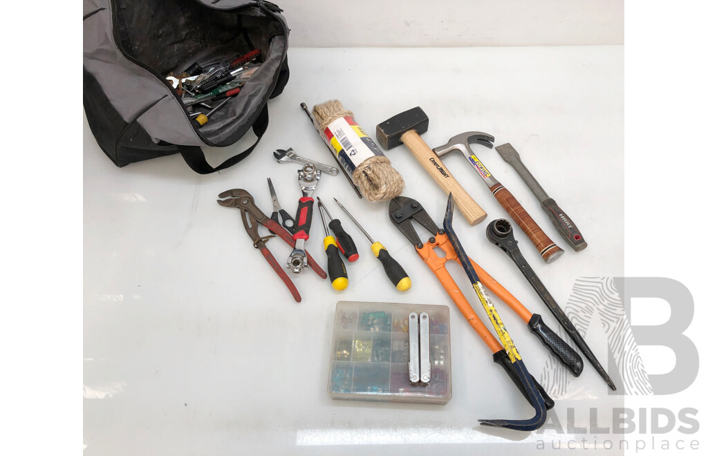 Miscellaneous Bag of Tools Containing Hammers, Ratchets, Screwdrivers and More