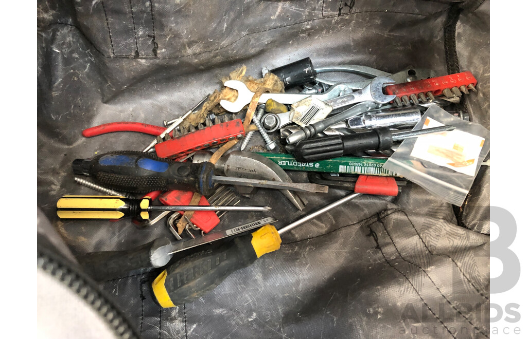 Miscellaneous Bag of Tools Containing Hammers, Ratchets, Screwdrivers and More
