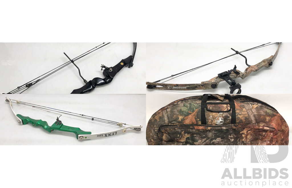 Hunter Camo Carry Case with Lynx Series 1200 Bow, Martin Pro Series Black Panther Bow and Redzone Camo Bow
