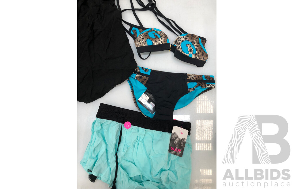 Playboy Size 10 Dominatrix Shirt and Shorts, Factorie Size XS TrackSuit Pants, Cotton on Black Bow Back Dress Size S, Playboy Leo Luxe-Plun Swimsuit and Tassel Tie Shorts Size XS