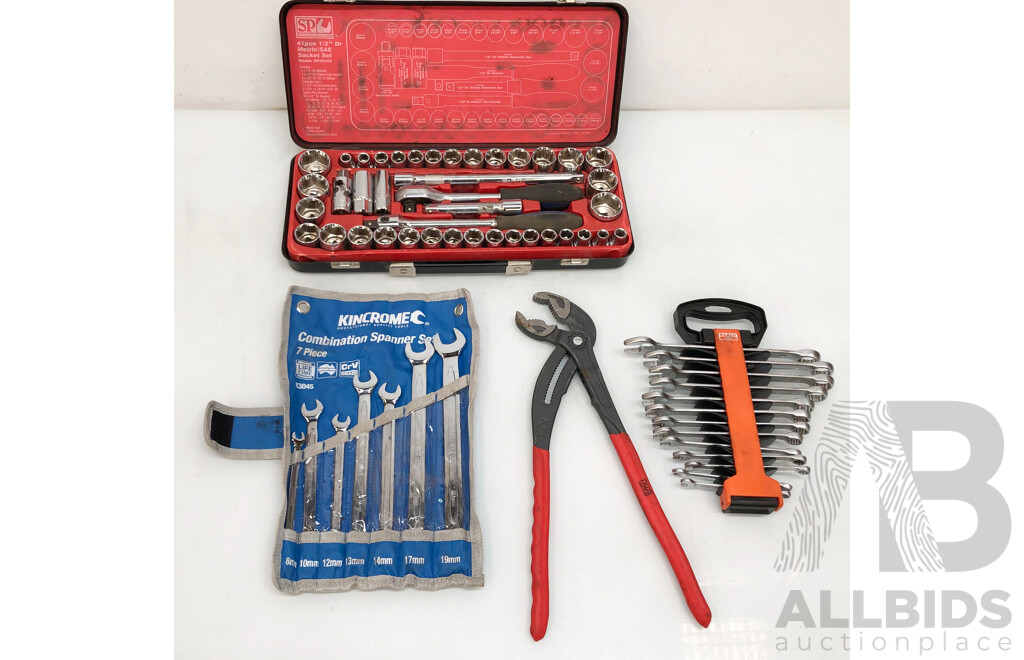 Assortment of Tools Including 41 Piece 1/2' Drive Socket Set Bahco Spanners and More