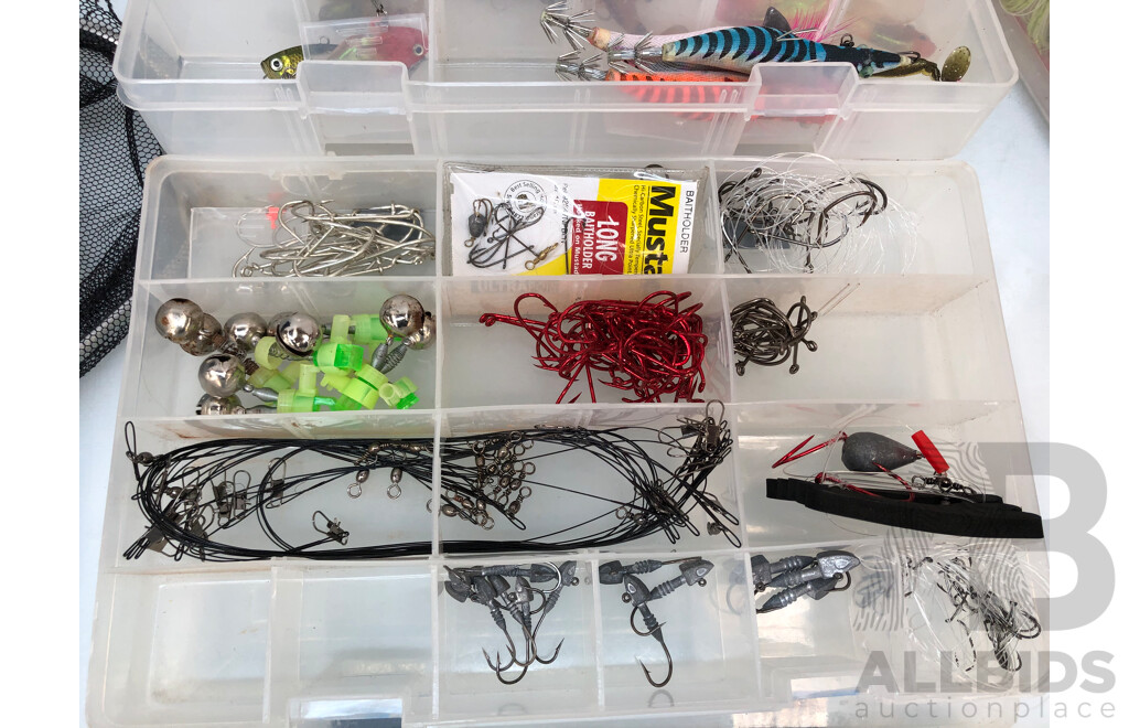 Bulk Lot of Assorted Fishing Gear Including Lures, Shimano Reels, Rod, Shimano Bragging Mat and More