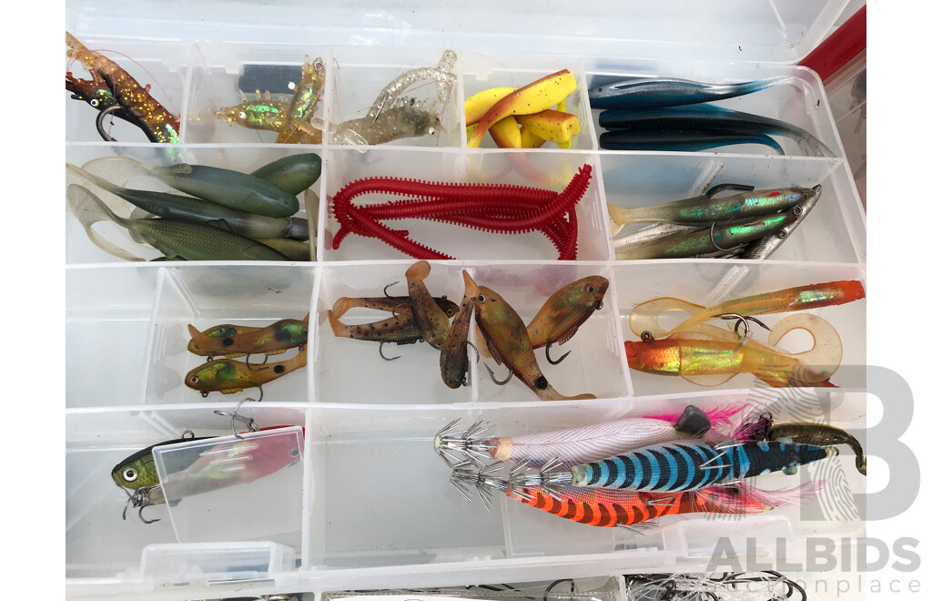 Bulk Lot of Assorted Fishing Gear Including Lures, Shimano Reels, Rod, Shimano Bragging Mat and More