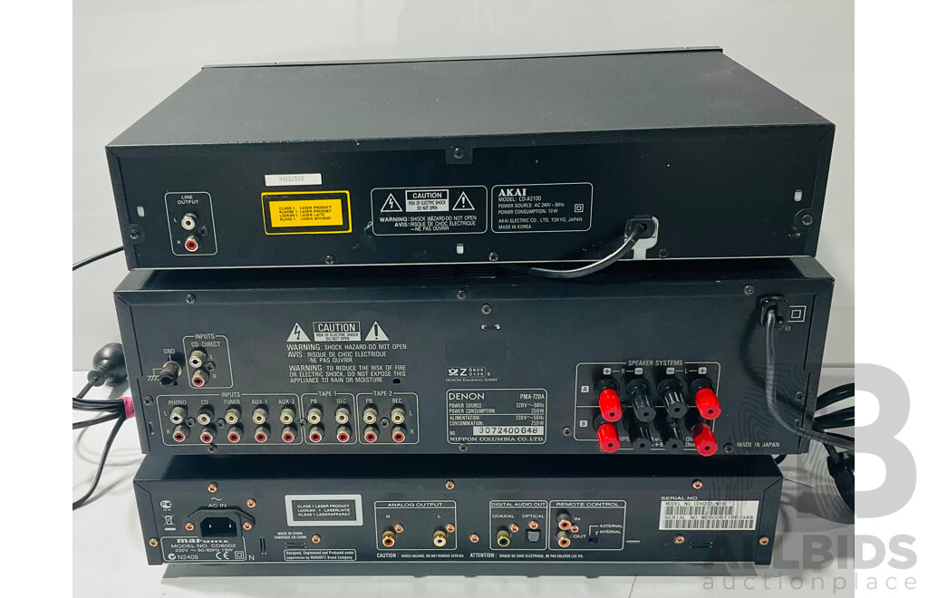 Akai Digital Audio Compact Disc Player CD-A2100, Alongside a Denon Precision Audio Component Integrated Stereo Amplifier PMA-720A and a Marantz CD Player CD6002