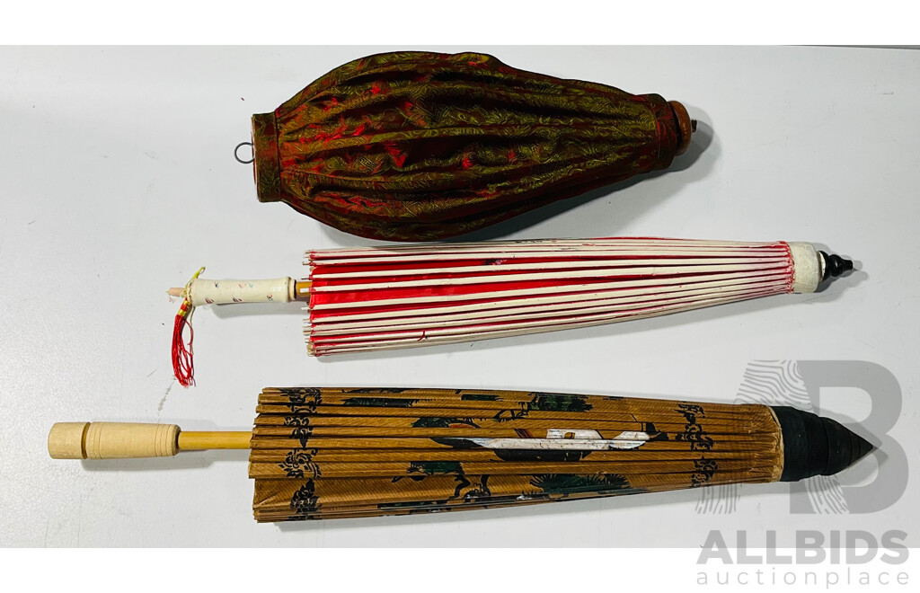 Pair of Vintage Hand Painted Decorative Parasols Including Larger One Constructed of Paper and Wood, Alongside a Cloth Parasol Style Lampshade