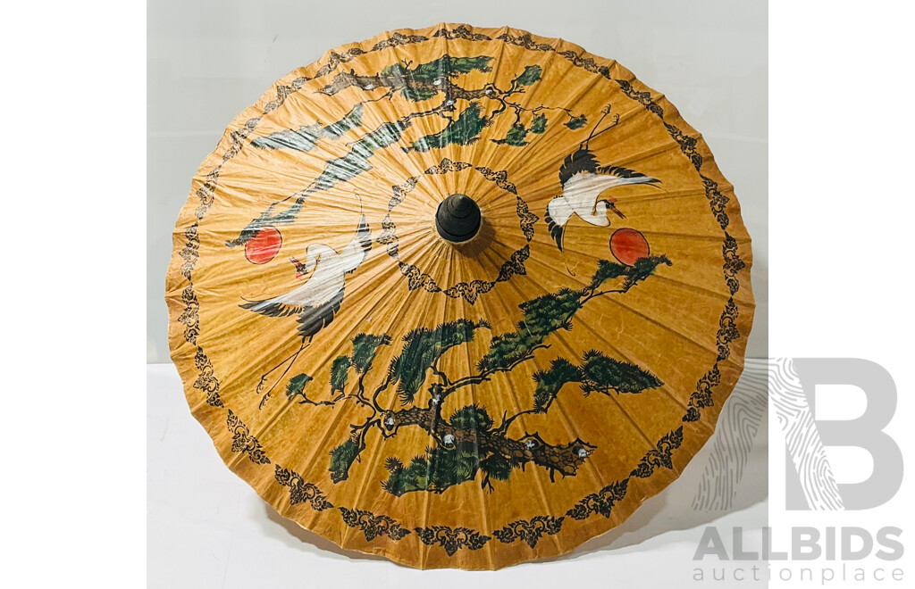 Pair of Vintage Hand Painted Decorative Parasols Including Larger One Constructed of Paper and Wood, Alongside a Cloth Parasol Style Lampshade