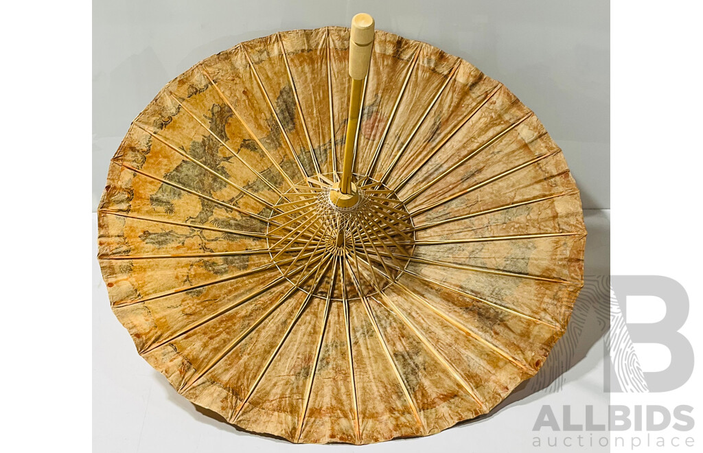 Pair of Vintage Hand Painted Decorative Parasols Including Larger One Constructed of Paper and Wood, Alongside a Cloth Parasol Style Lampshade