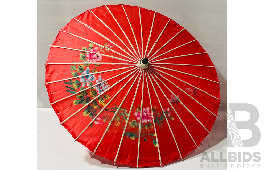 Pair of Vintage Hand Painted Decorative Parasols Including Larger One Constructed of Paper and Wood, Alongside a Cloth Parasol Style Lampshade