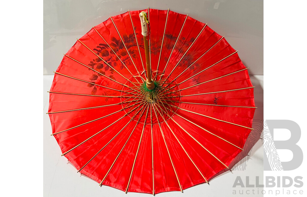 Pair of Vintage Hand Painted Decorative Parasols Including Larger One Constructed of Paper and Wood, Alongside a Cloth Parasol Style Lampshade